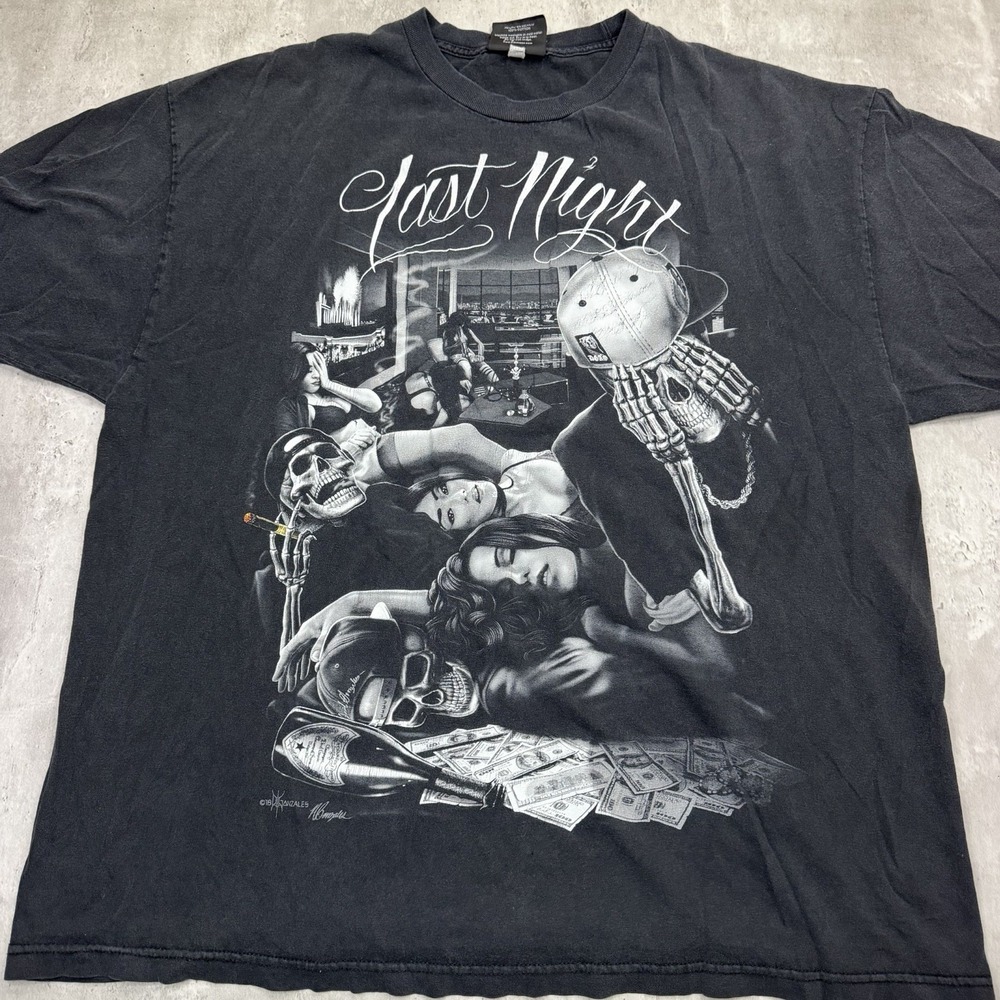 DGA David Gonzales Art T Shirt Last Night Skeleton Skull Tattoo Mens 2XL Faded